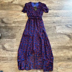NWT Disney Snow White Blue & Red Floral Print Faux Wrap High Low Dress in Size S
